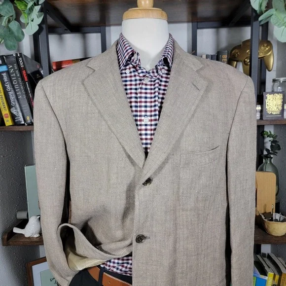 Eddie Bauer Men's Sport Coat Blazer Two Button Beige Herringbone Irish Linen 44R